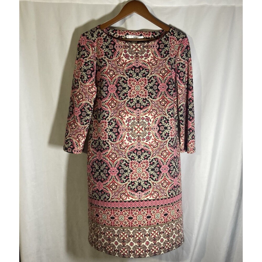 WISP black pink multicolor geometric 3/4 sleeve sheath dress 10